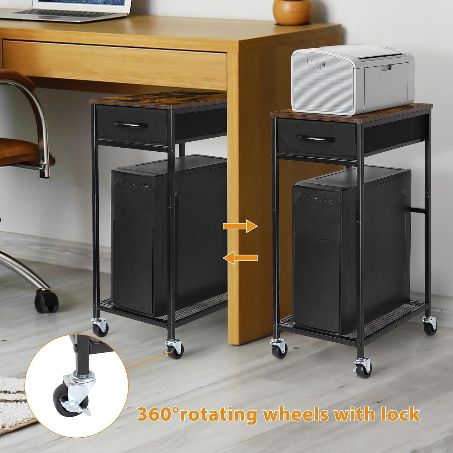 Rolling PC Tower Stand with Wheels - 2 Tier CPU Holder & Drawer