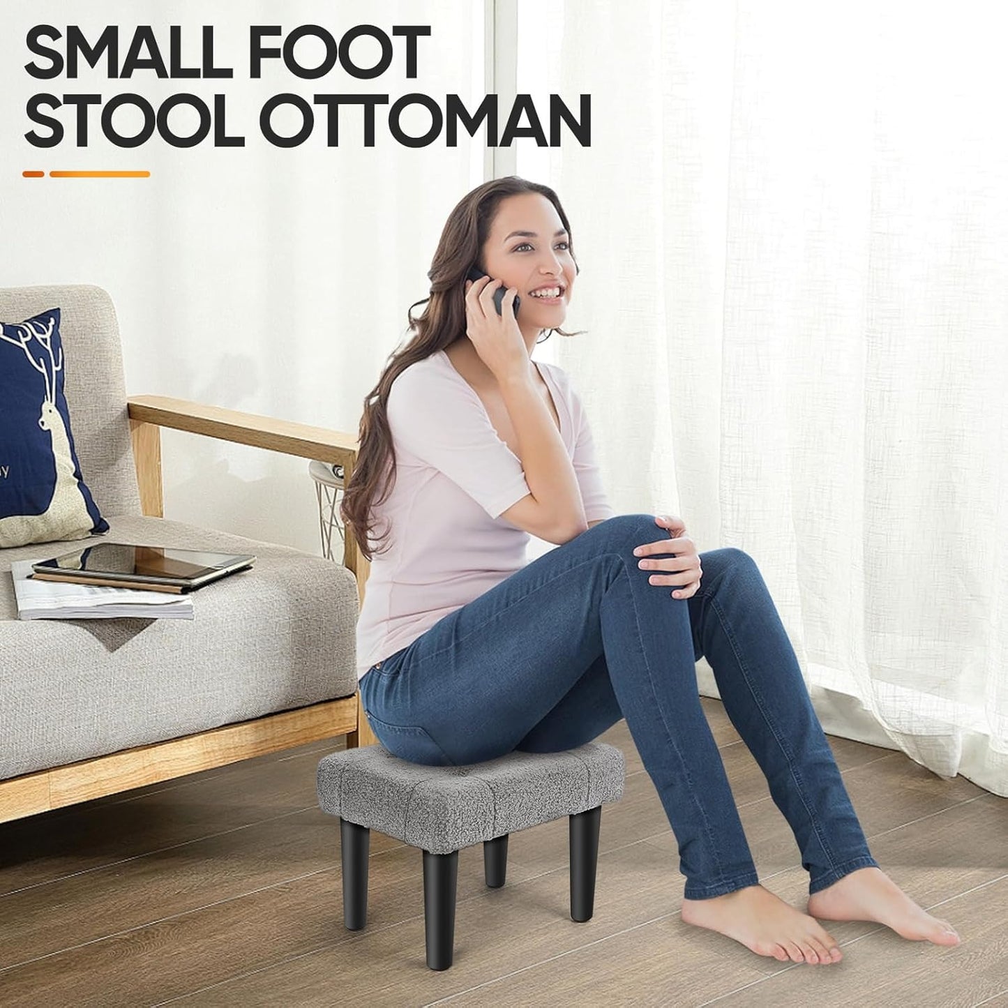 Teddy Velvet Ottoman Foot Rest - Grey, Office & Home Use