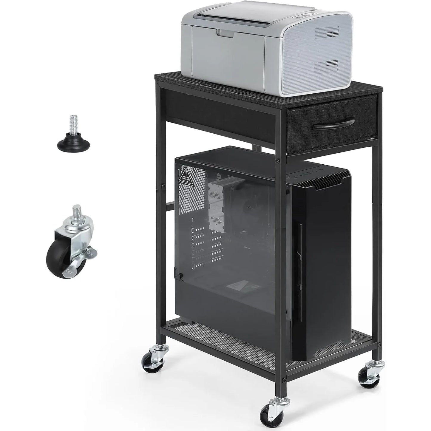 Rolling PC Tower Stand with Wheels - 2 Tier CPU Holder & Drawer