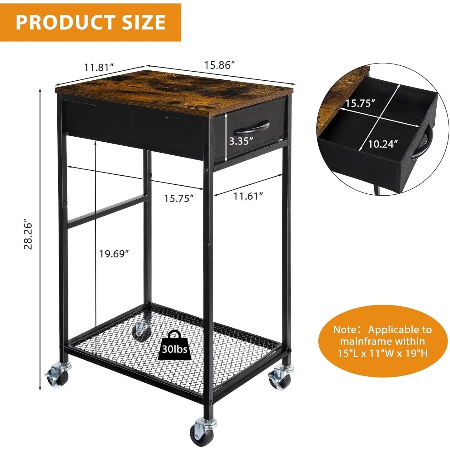 Rolling PC Tower Stand with Wheels - 2 Tier CPU Holder & Drawer