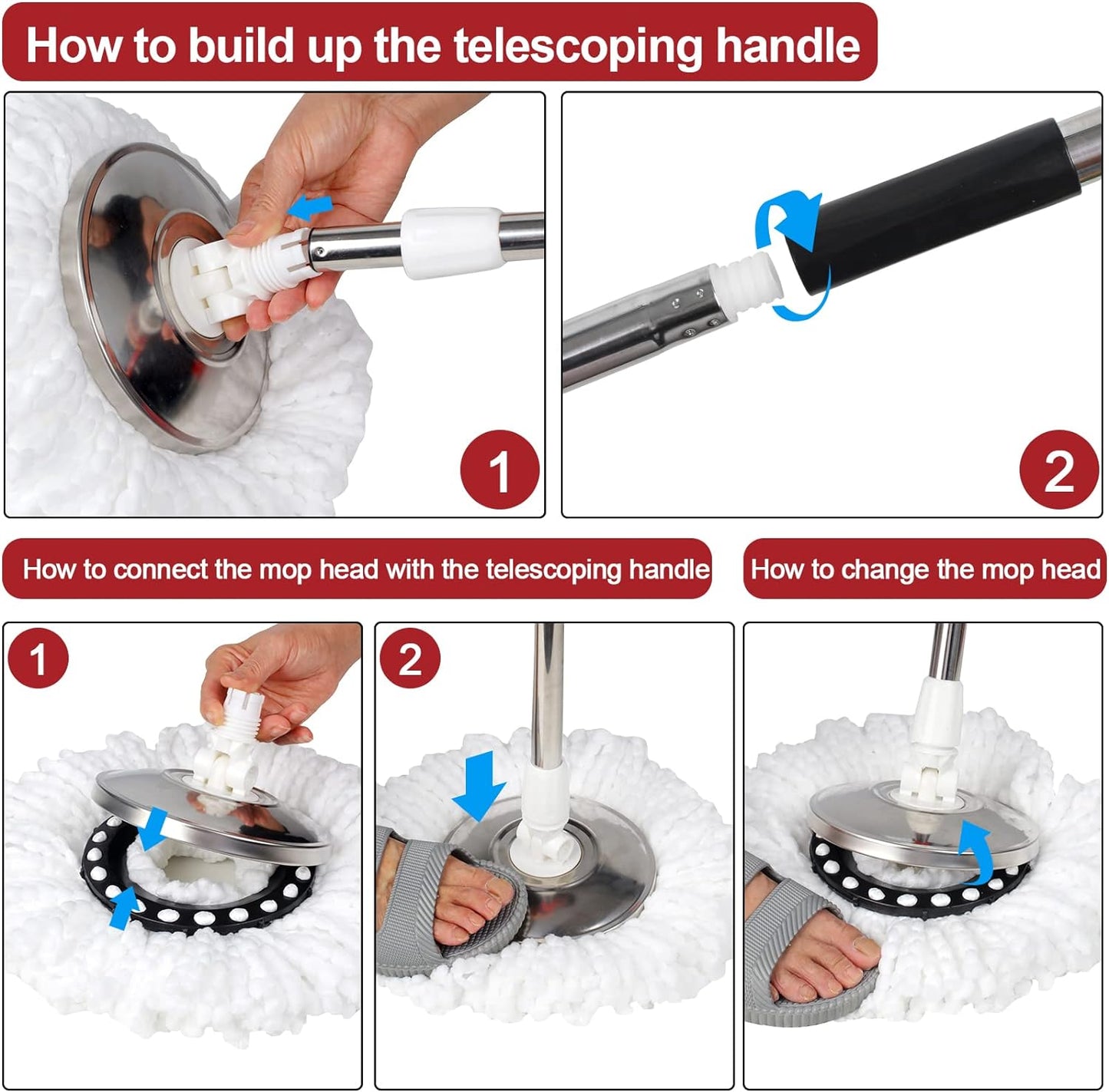 360° Spin Mop Set - Stainless Steel, 3 Microfiber Heads