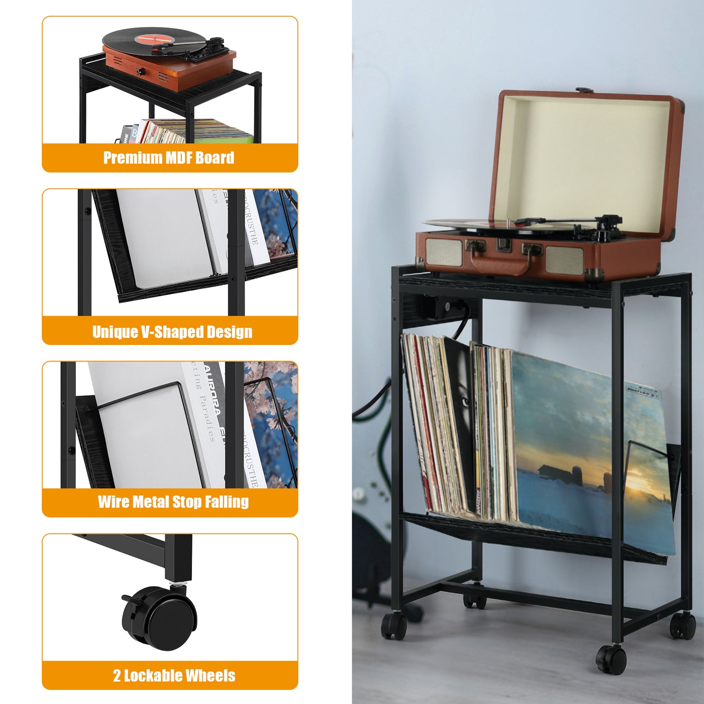 Record Player Stand with Vinyl Storage & Charging Station