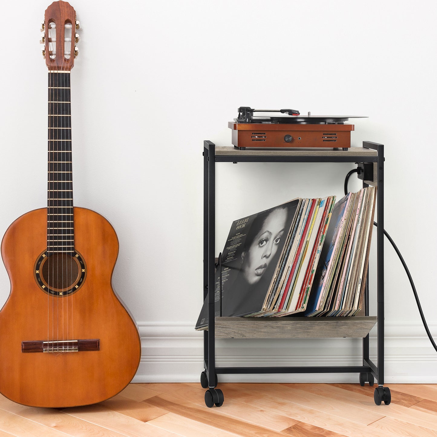 Record Player Stand with Vinyl Storage & Charging Station