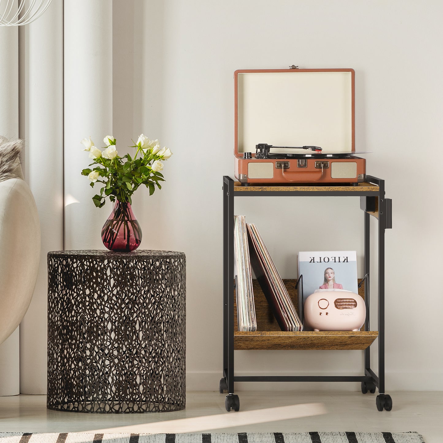 Record Player Stand with Vinyl Storage & Charging Station