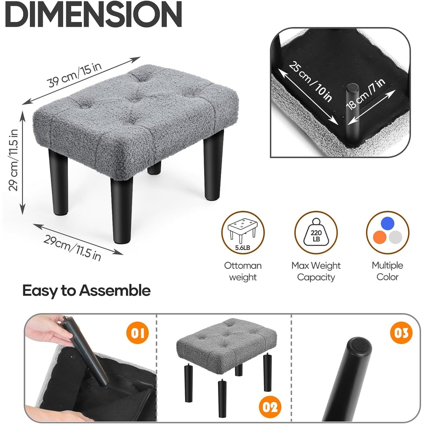 Teddy Velvet Ottoman Foot Rest - Grey, Office & Home Use