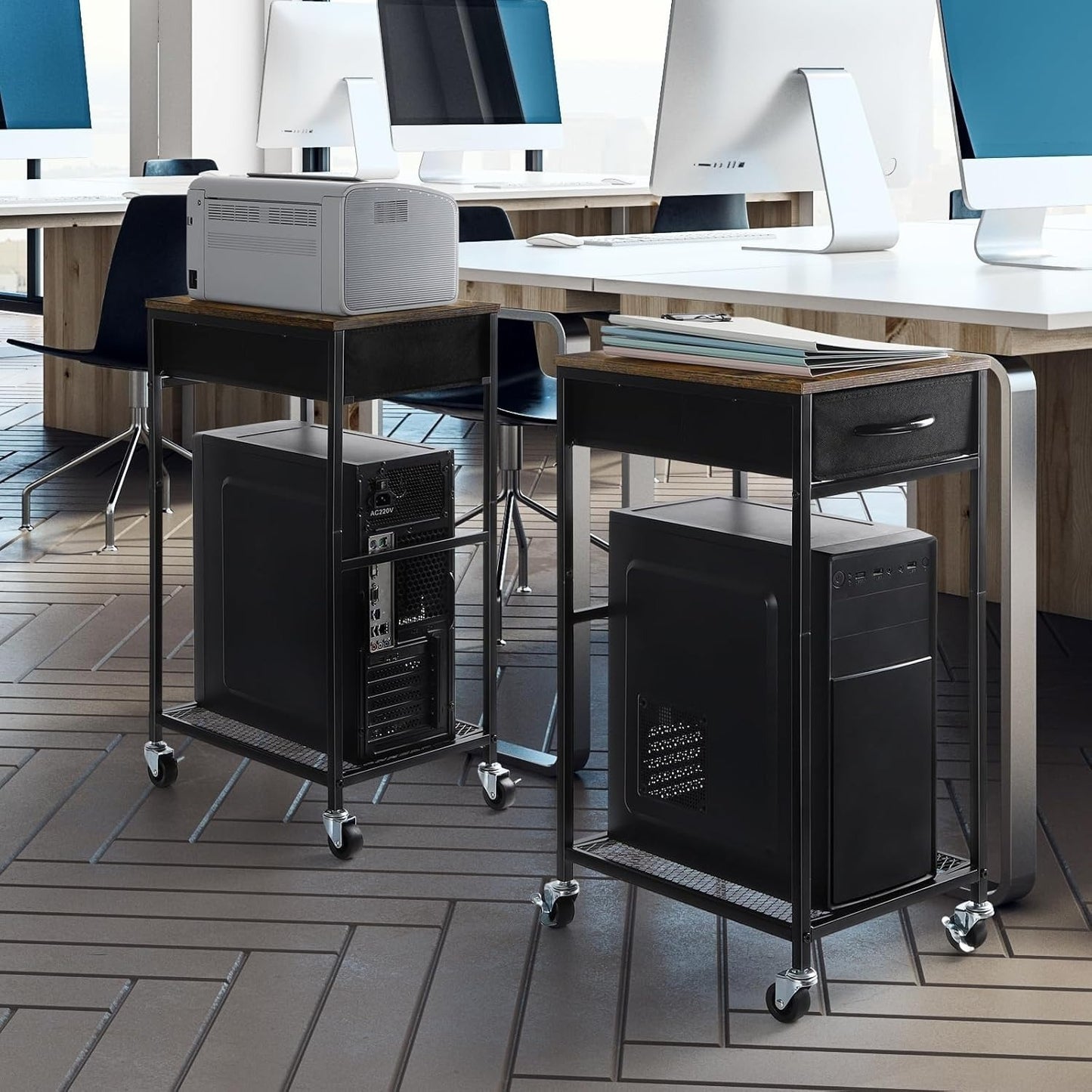 Rolling PC Tower Stand with Wheels - 2 Tier CPU Holder & Drawer