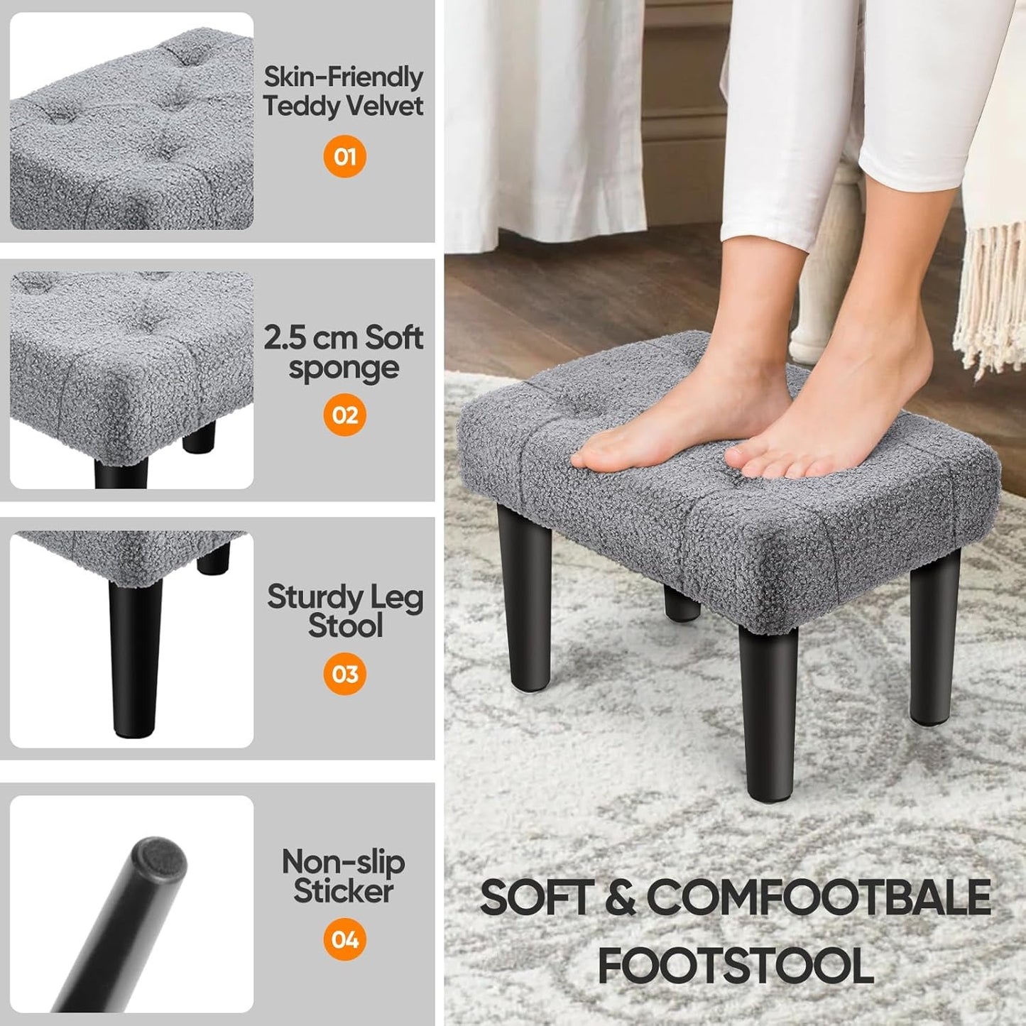Teddy Velvet Ottoman Foot Rest - Grey, Office & Home Use