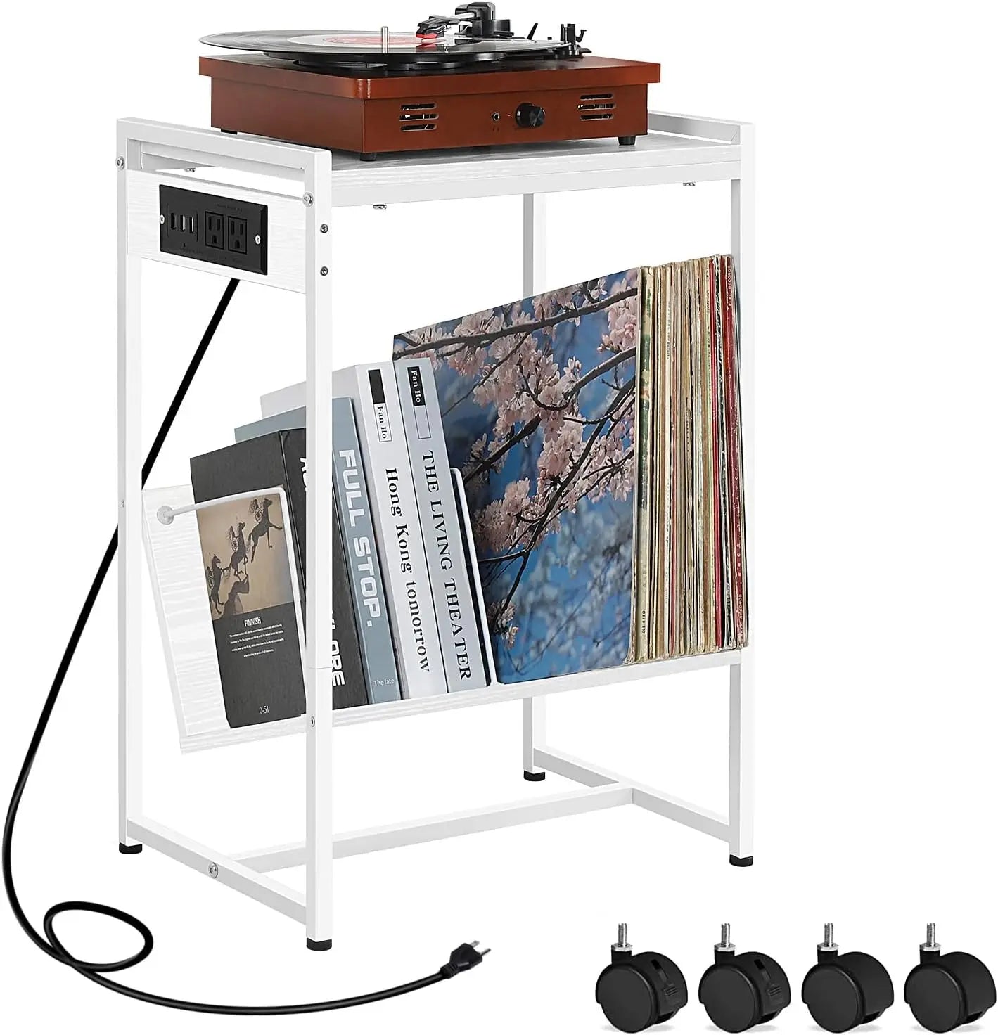 Record Player Stand with Vinyl Storage & Charging Station