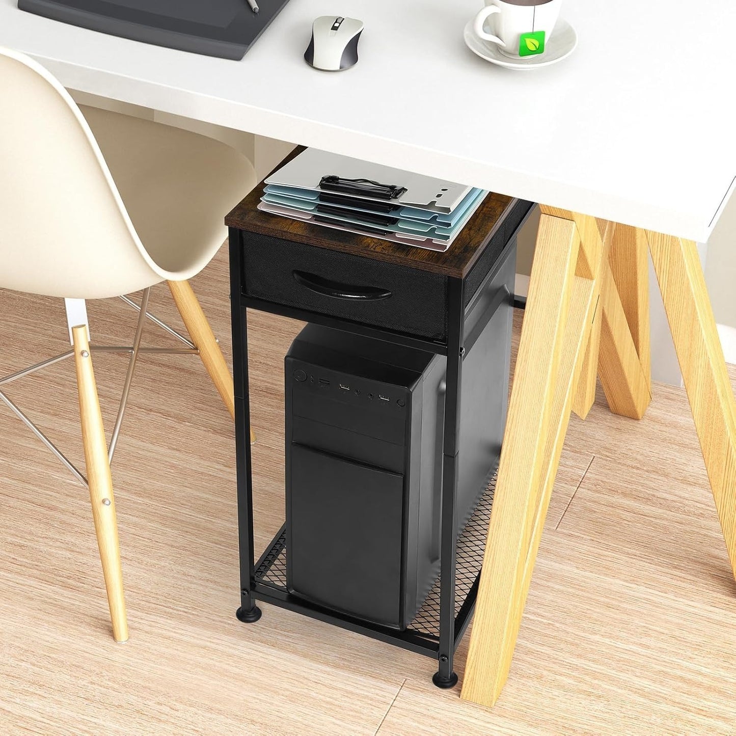 Rolling PC Tower Stand with Wheels - 2 Tier CPU Holder & Drawer