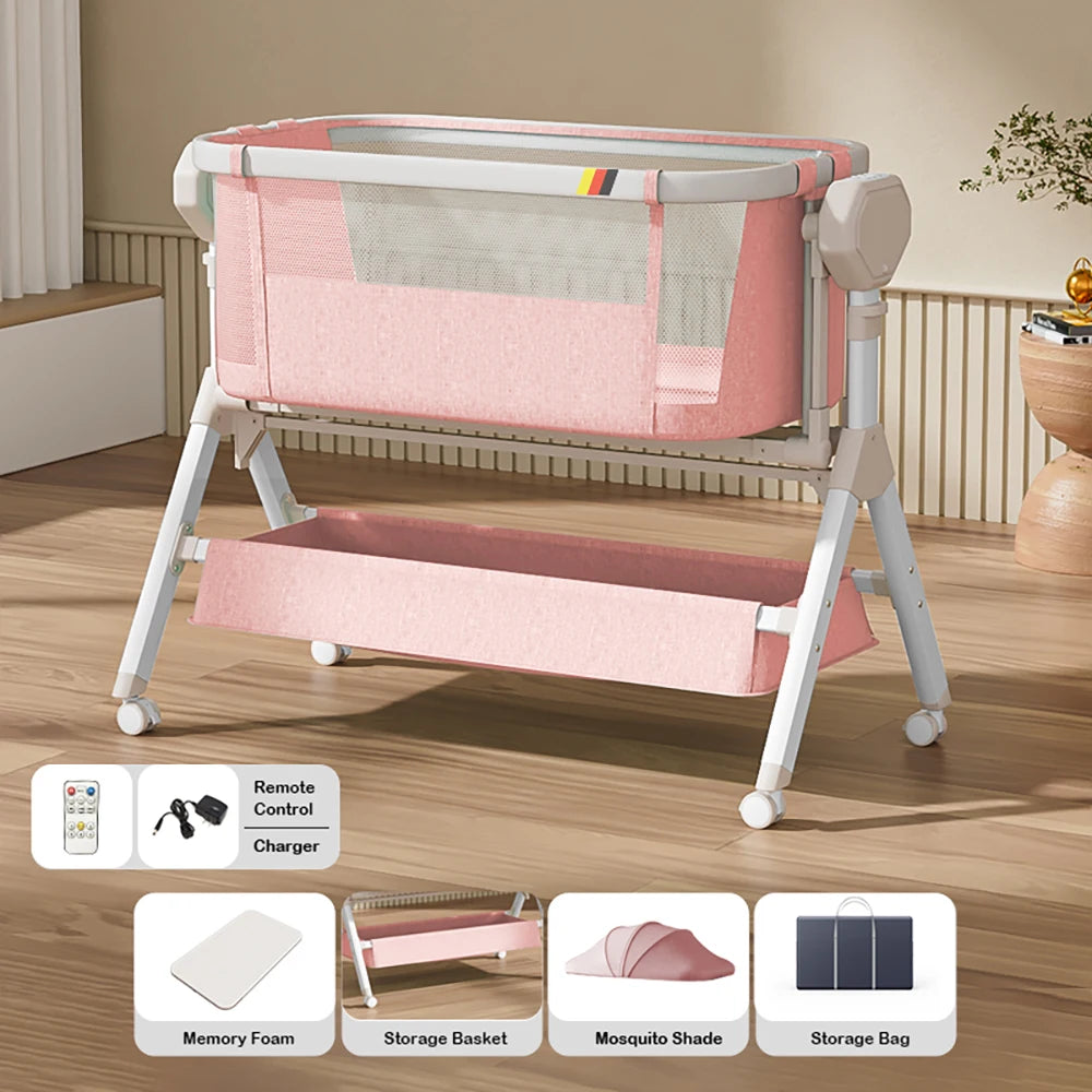 Electric Rocking Bassinet with Remote & Wheels, 0-6M Baby Crib