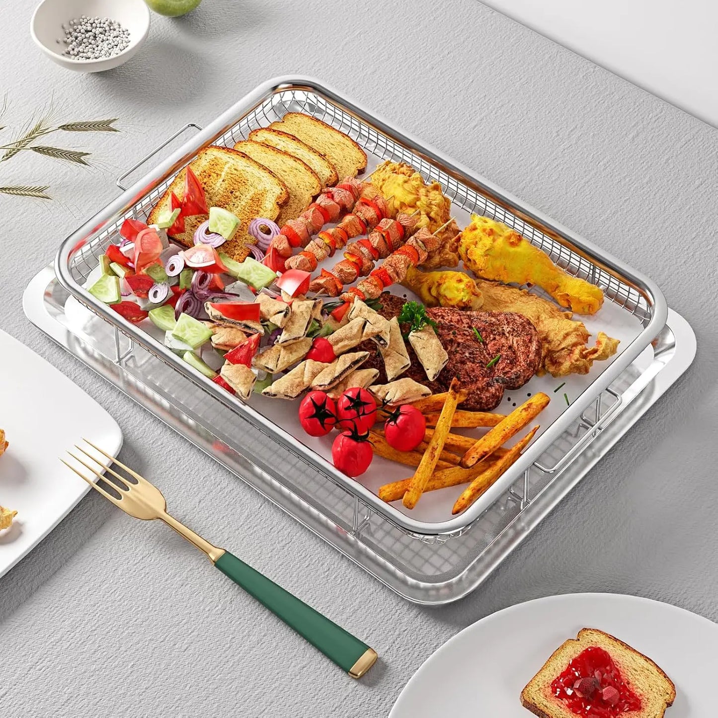 Air Fryer Basket & Pan Set - Large Stainless Steel Tray