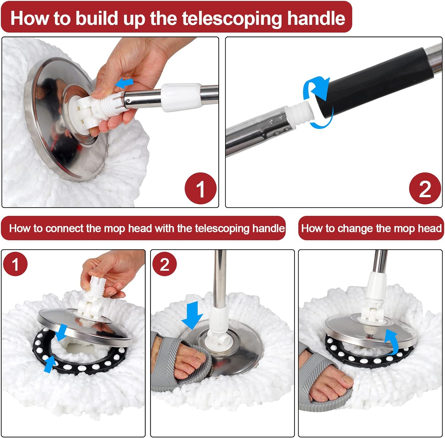 360° Spin Mop Set - Stainless Steel, 3 Microfiber Heads