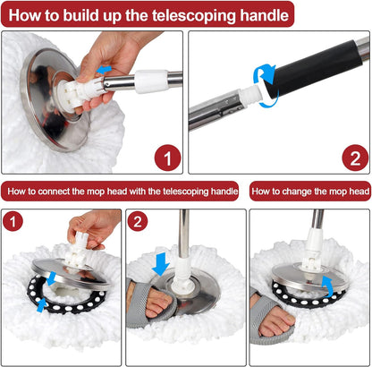 360° Spin Mop Set - Stainless Steel, 3 Microfiber Heads