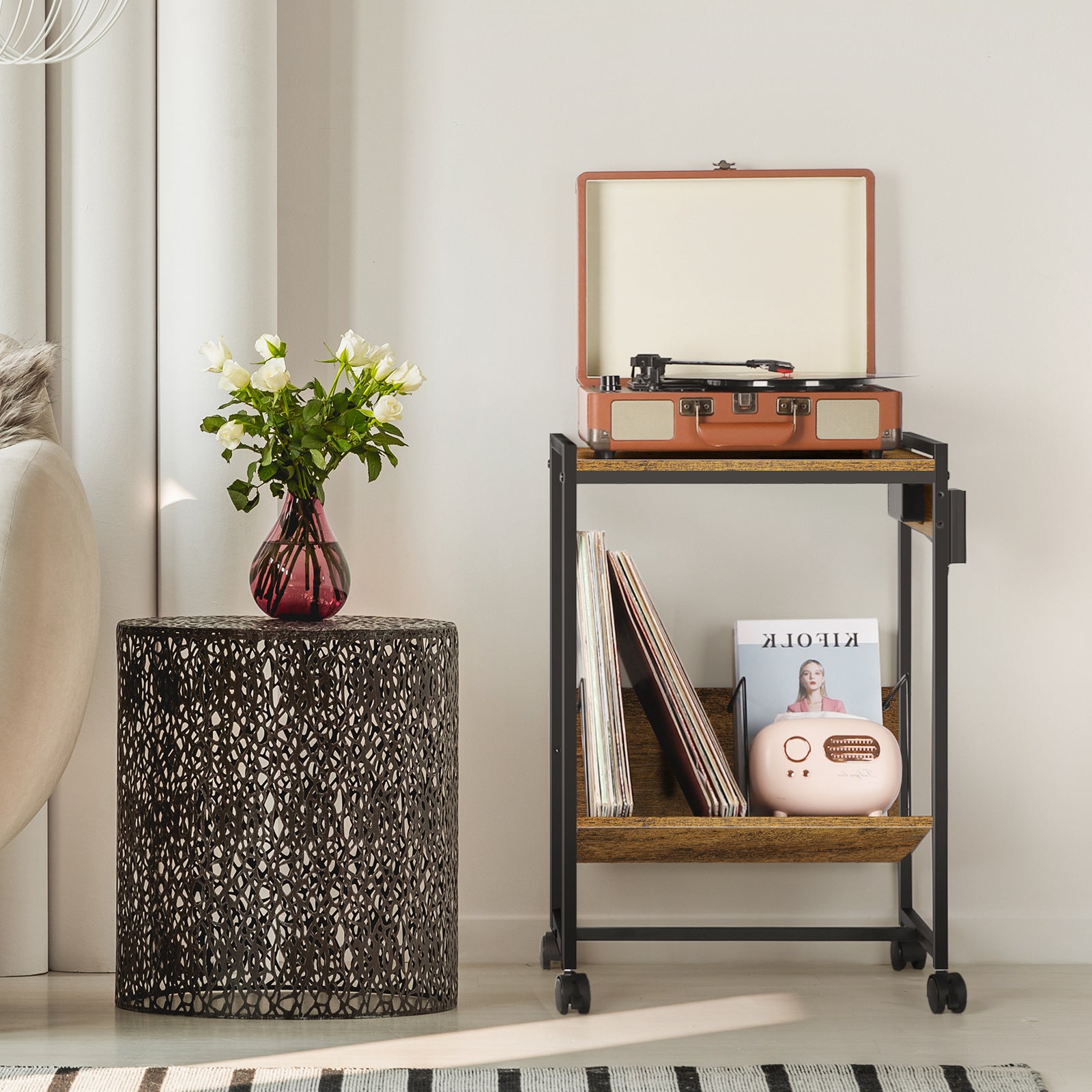 Record Player Stand with Vinyl Storage & Charging Station