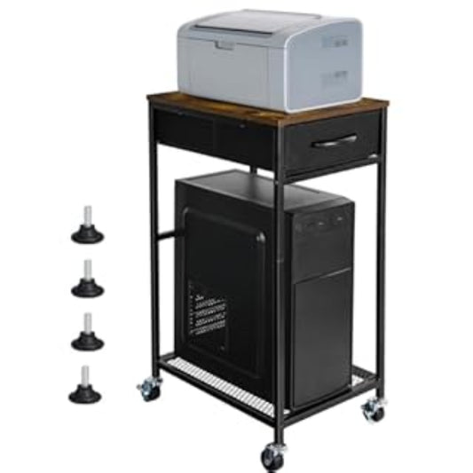 Rolling PC Tower Stand with Wheels - 2 Tier CPU Holder & Drawer