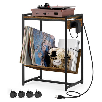 Record Player Stand with Vinyl Storage & Charging Station
