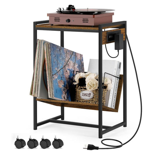Record Player Stand with Vinyl Storage & Charging Station