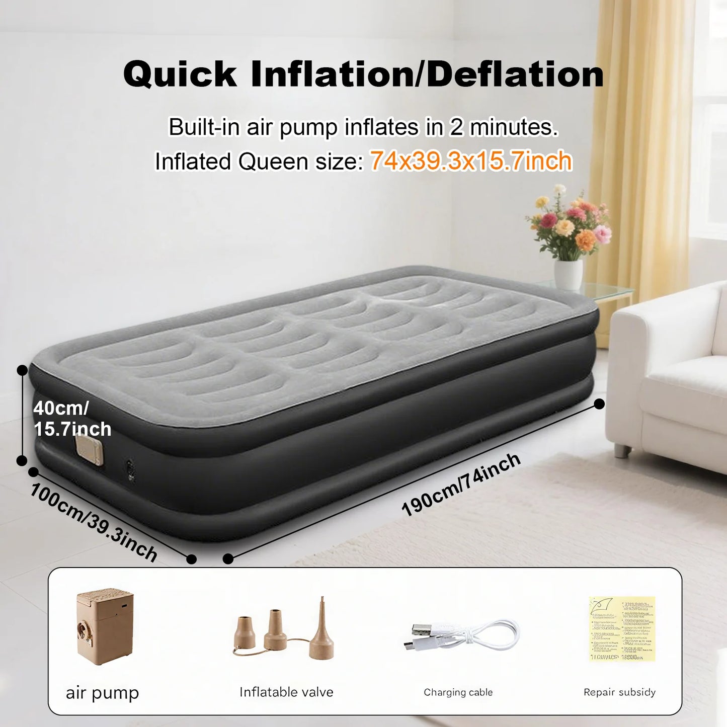 PVC Inflatable Mattress with Built-In Pump - 1-2 Person