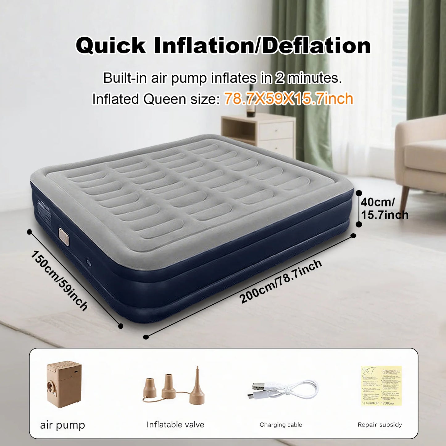 PVC Inflatable Mattress with Built-In Pump - 1-2 Person