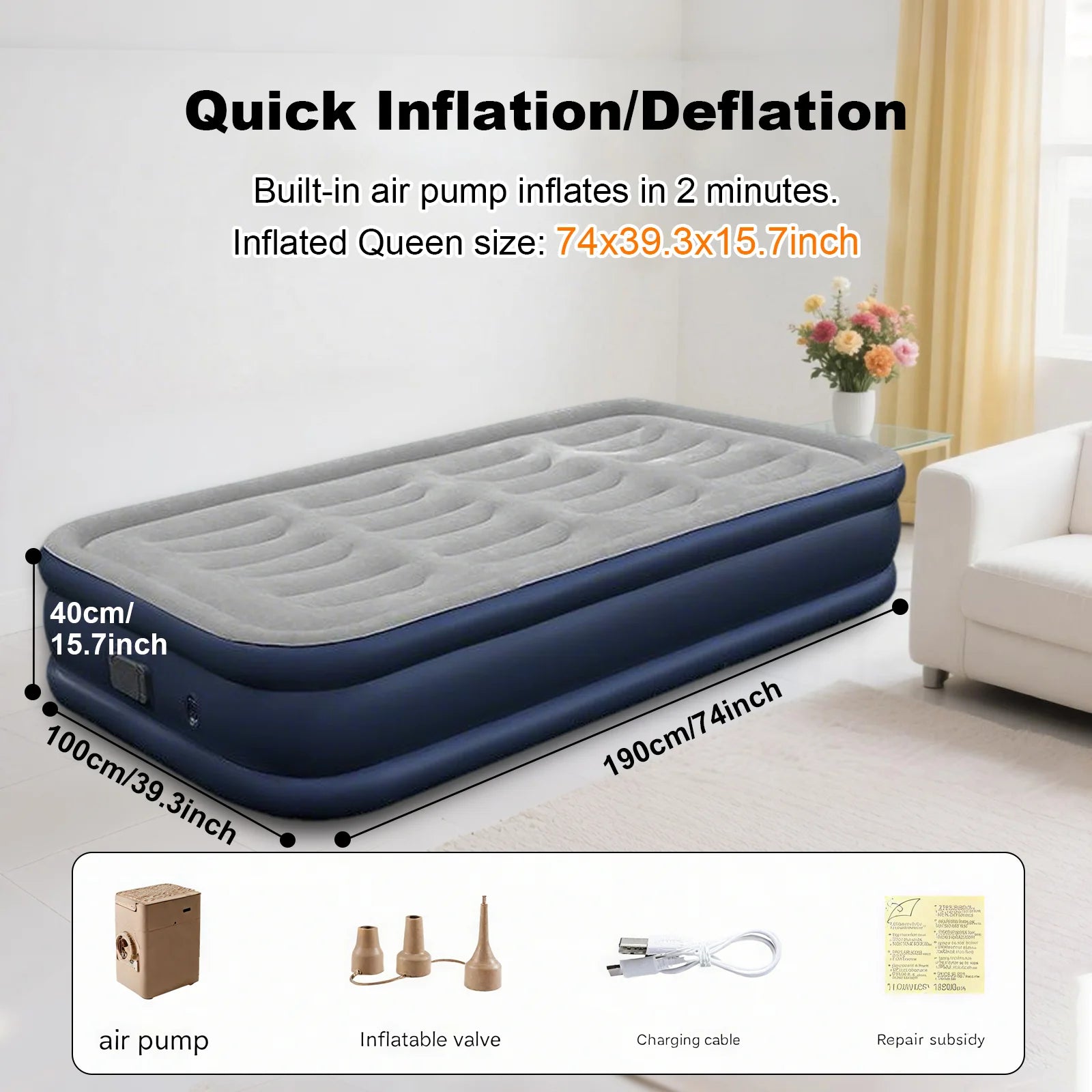 PVC Inflatable Mattress with Built-In Pump - 1-2 Person