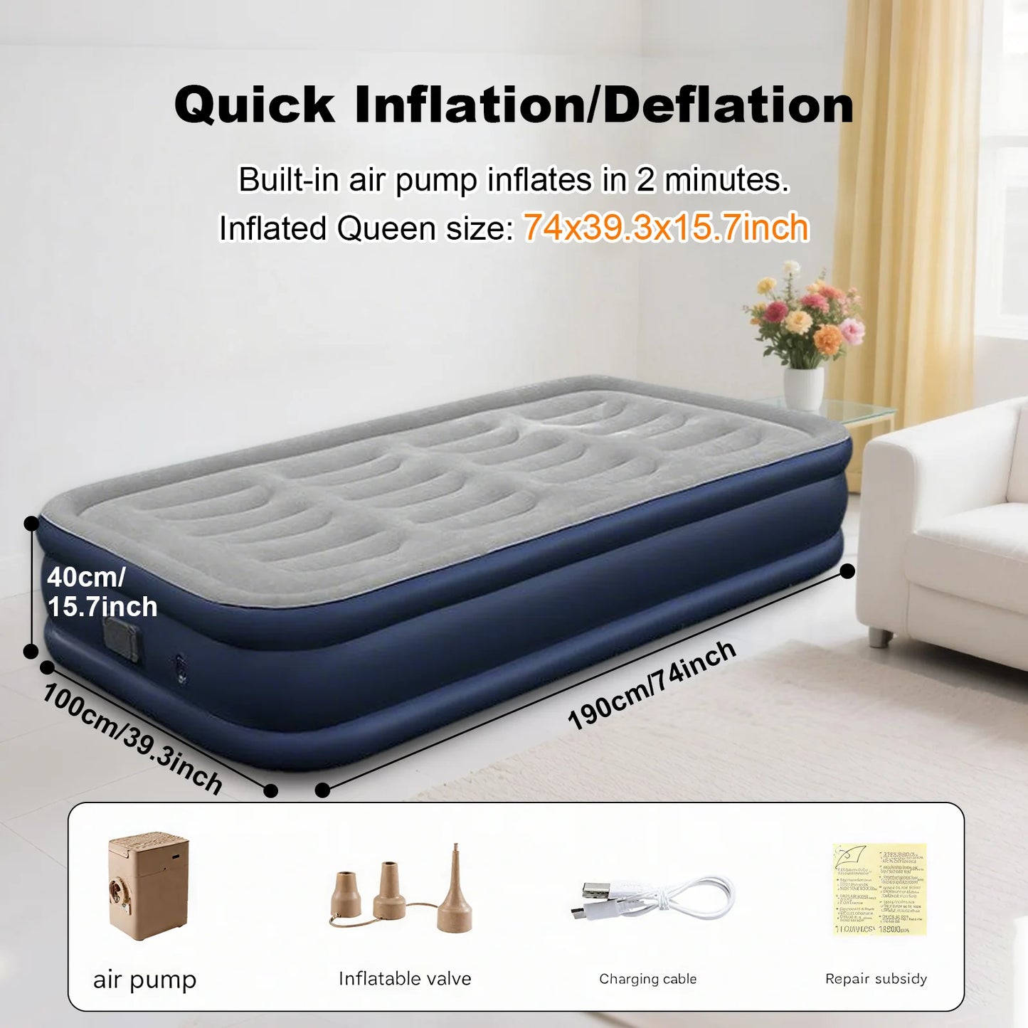 PVC Inflatable Mattress with Built-In Pump - 1-2 Person